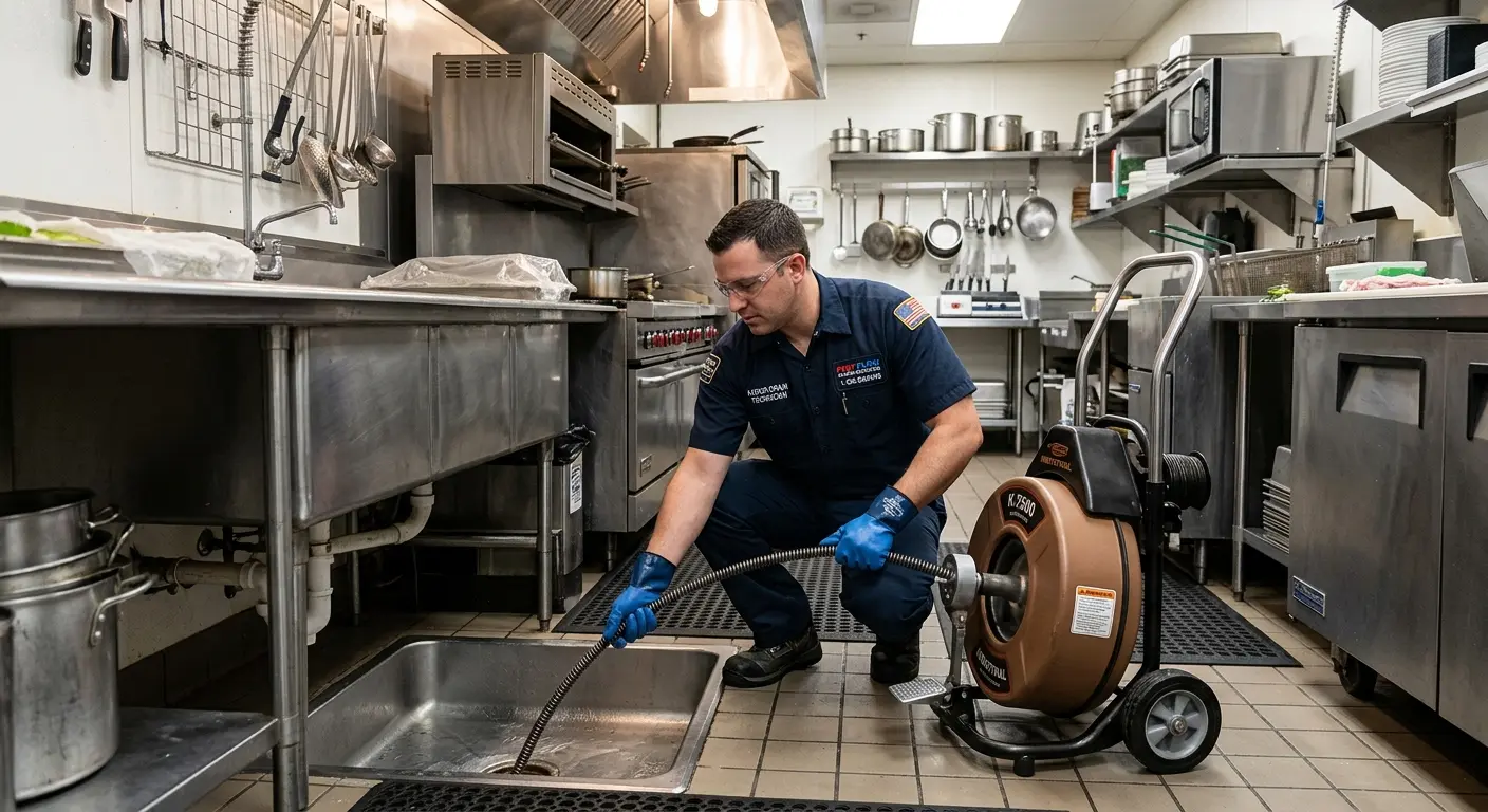 Commercial drain cleaning service in a restaurant kitchen in Ferguson