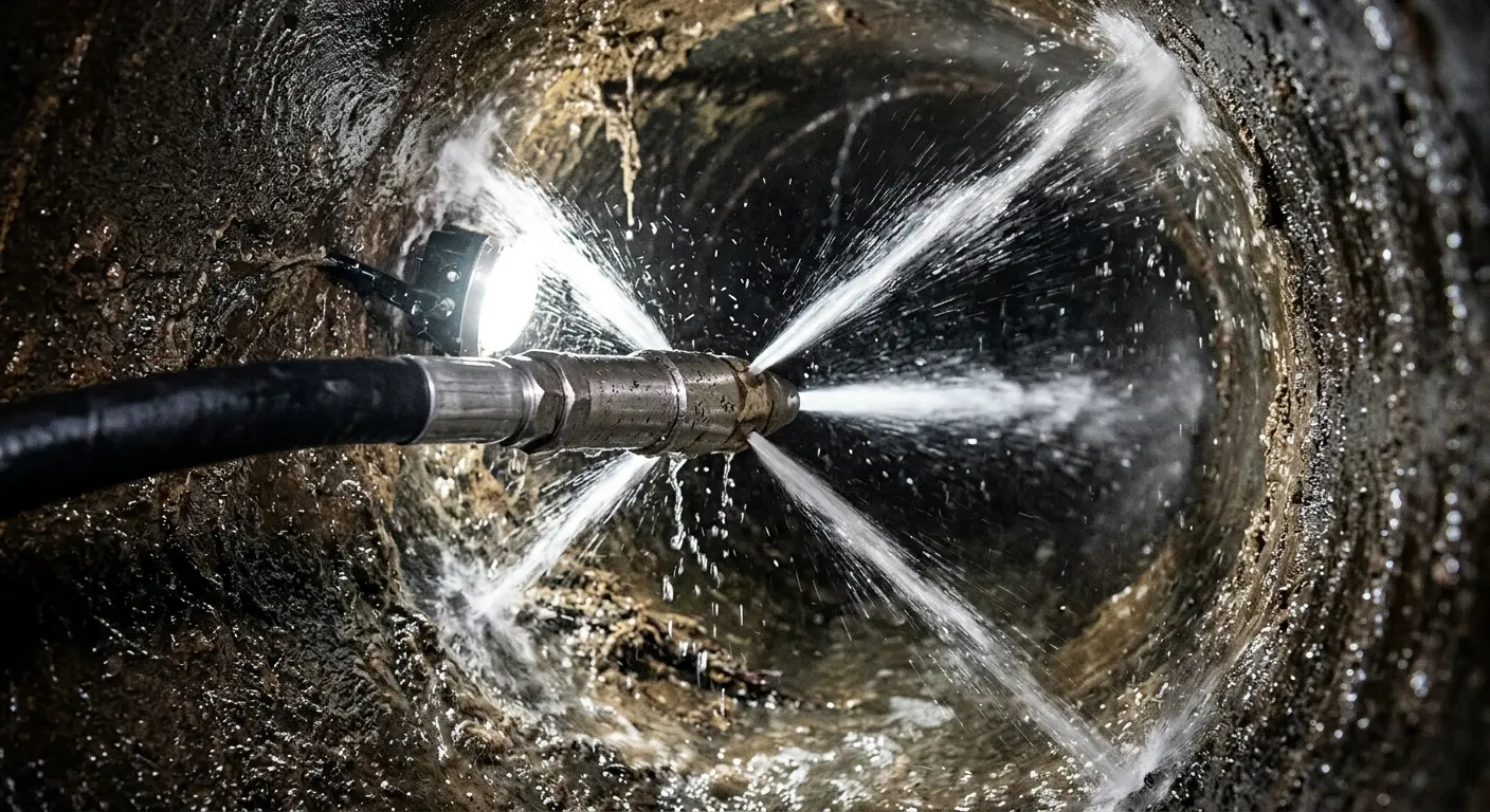 High-pressure hydro jetting nozzle cleaning sewer pipe for Emergency Drain Service in Ferguson