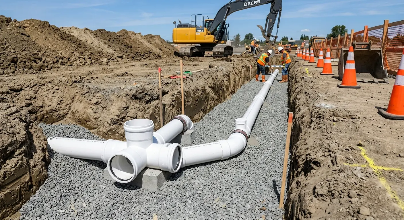 New PVC sewer pipe installation in open trench for Grease Trap Cleaning in Ferguson