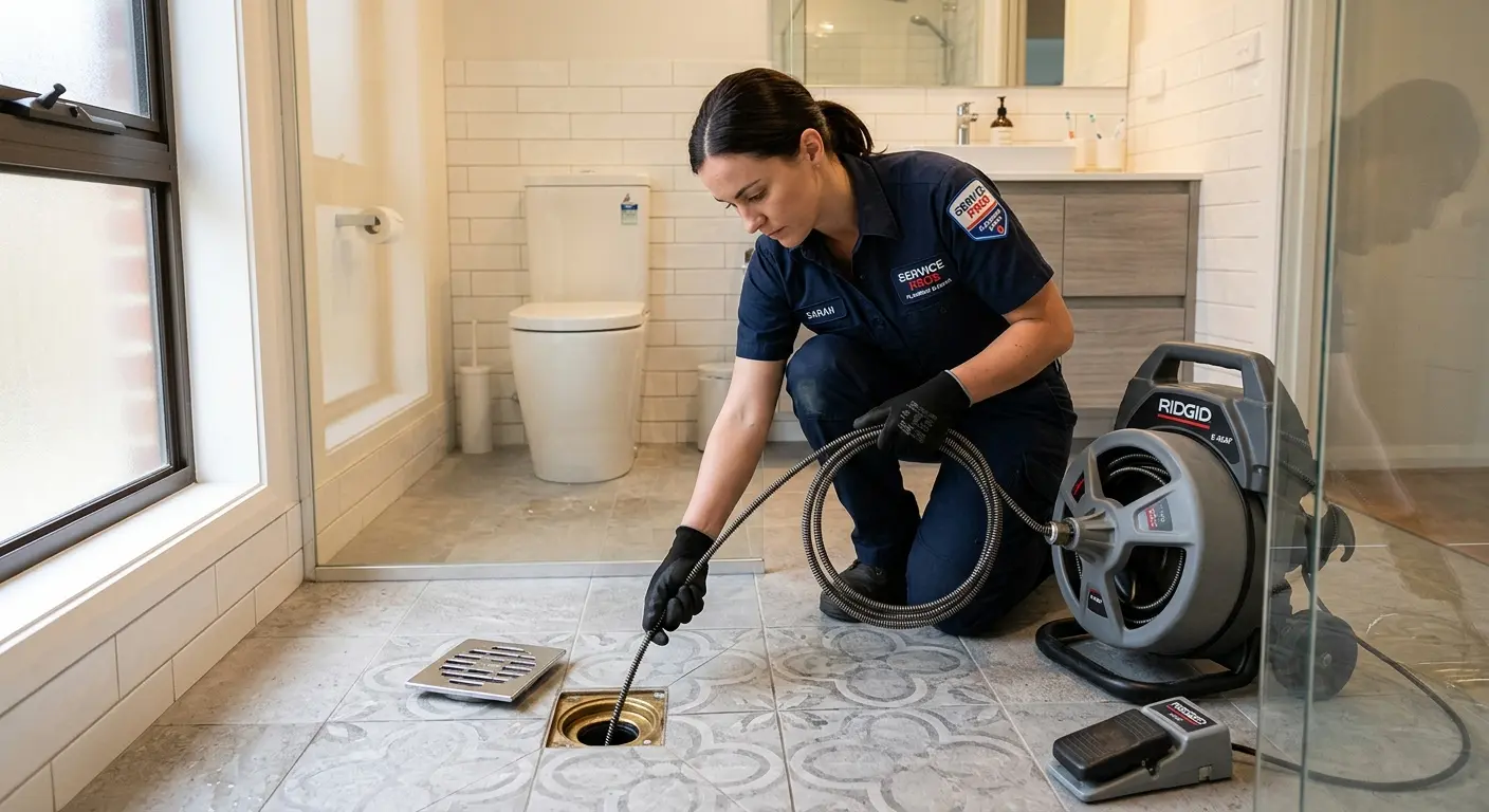 Technician clearing a bathroom floor drain for Sewer Line Replacement in Ferguson